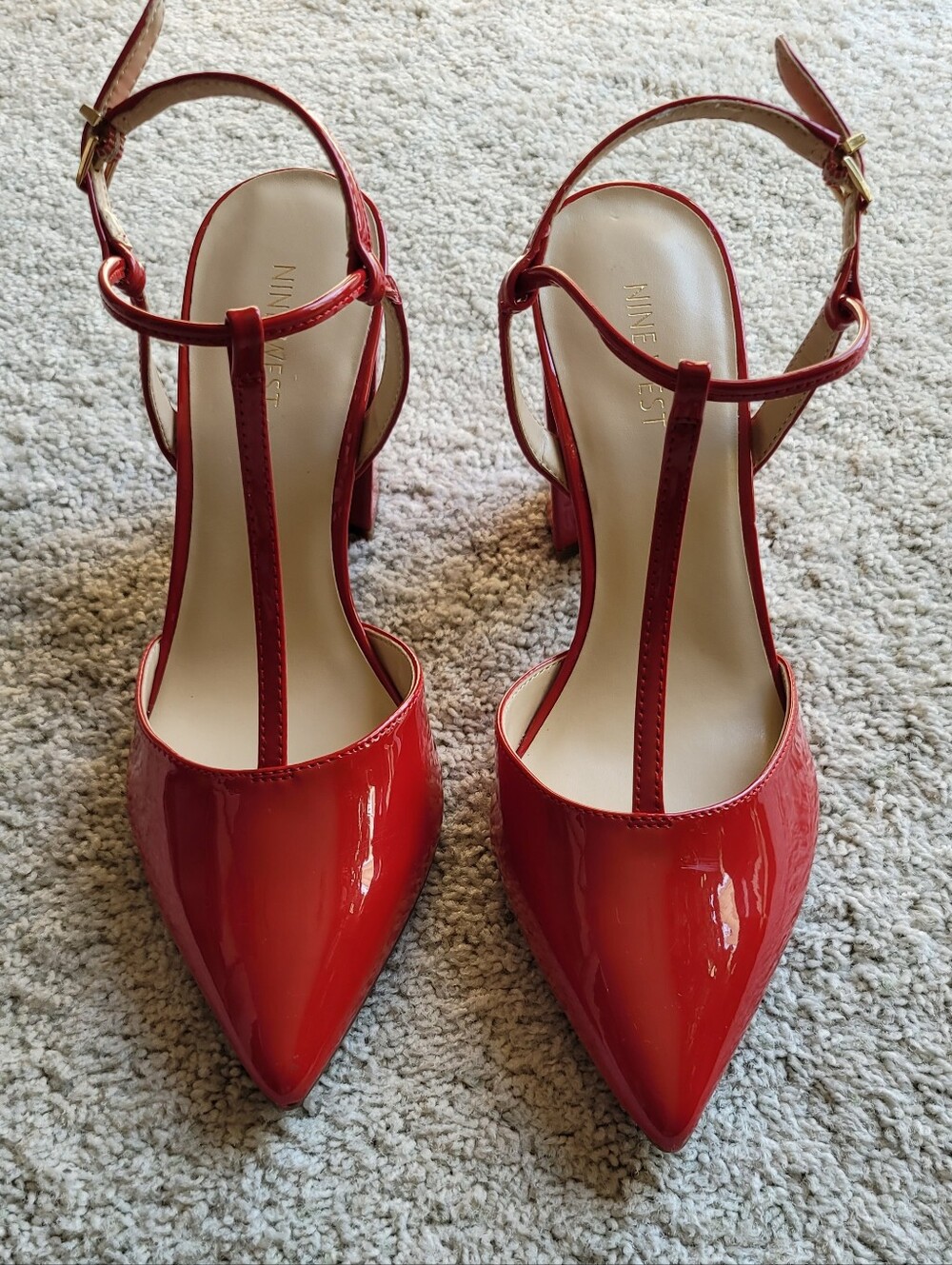 Stunning Red Patton Leather Ankle Strap,  Block Heels Never Worn  10